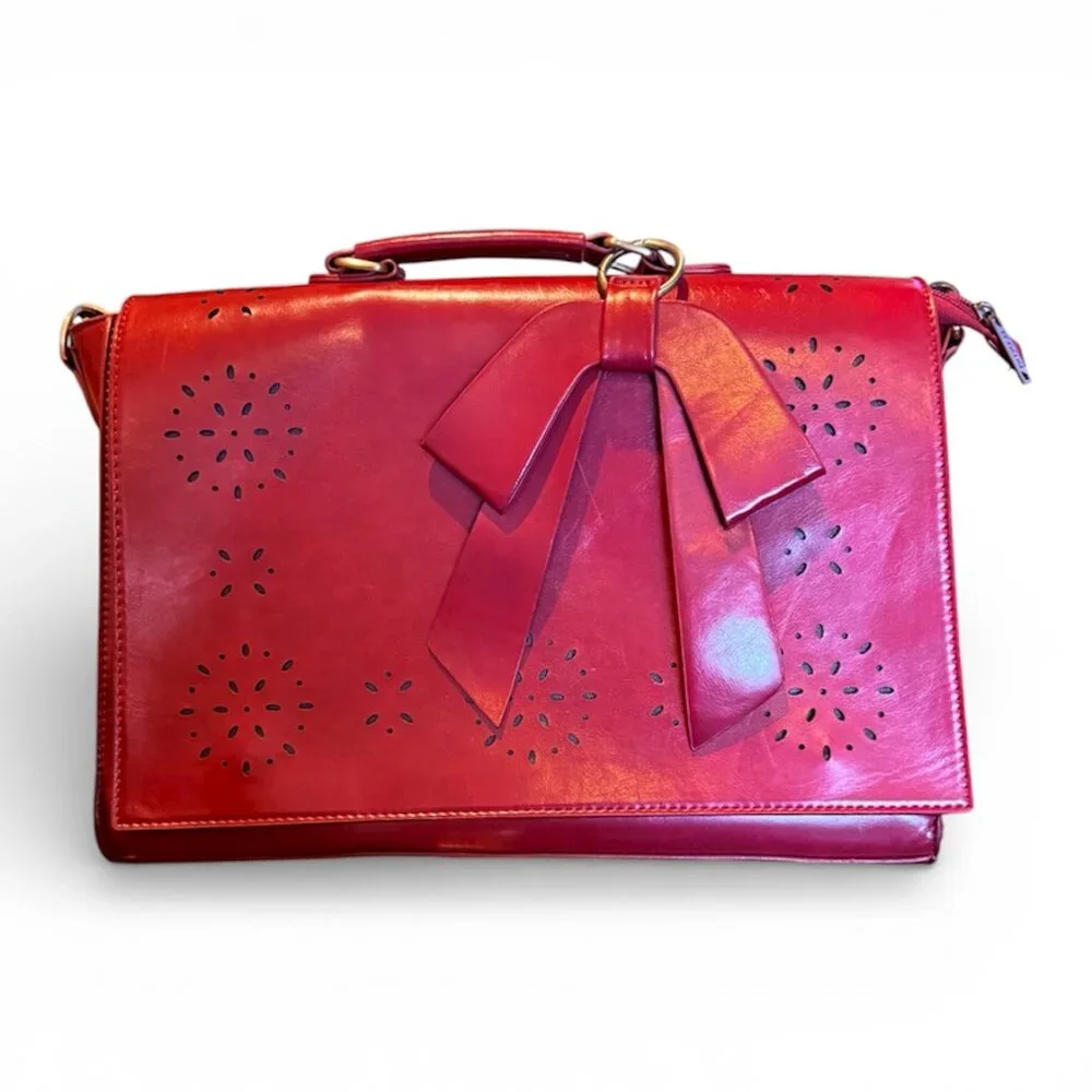 Ecosusi Woman's Briefcase Vegan Red Leather Laptop Back w/Shoulder Strap w/ Bow